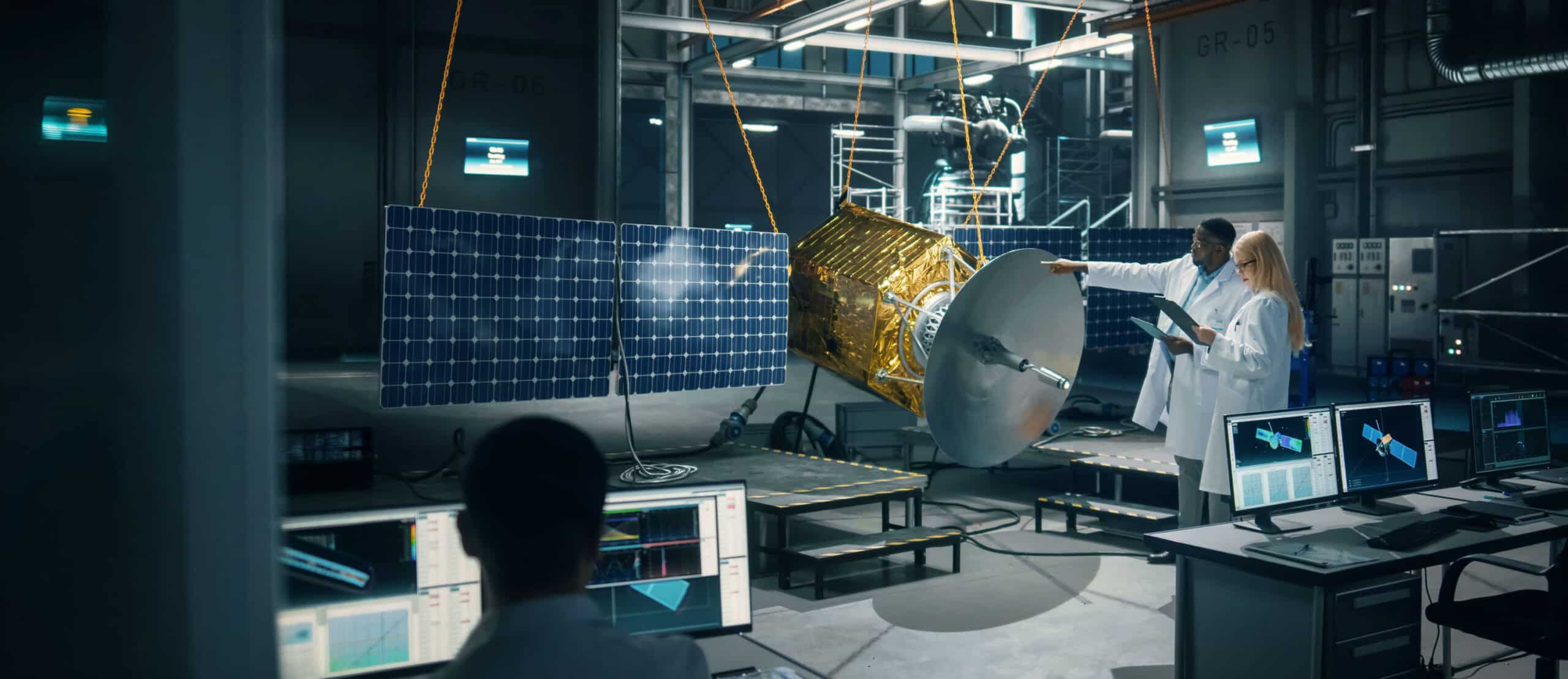 Engineers inspecting a satellite in a lab.