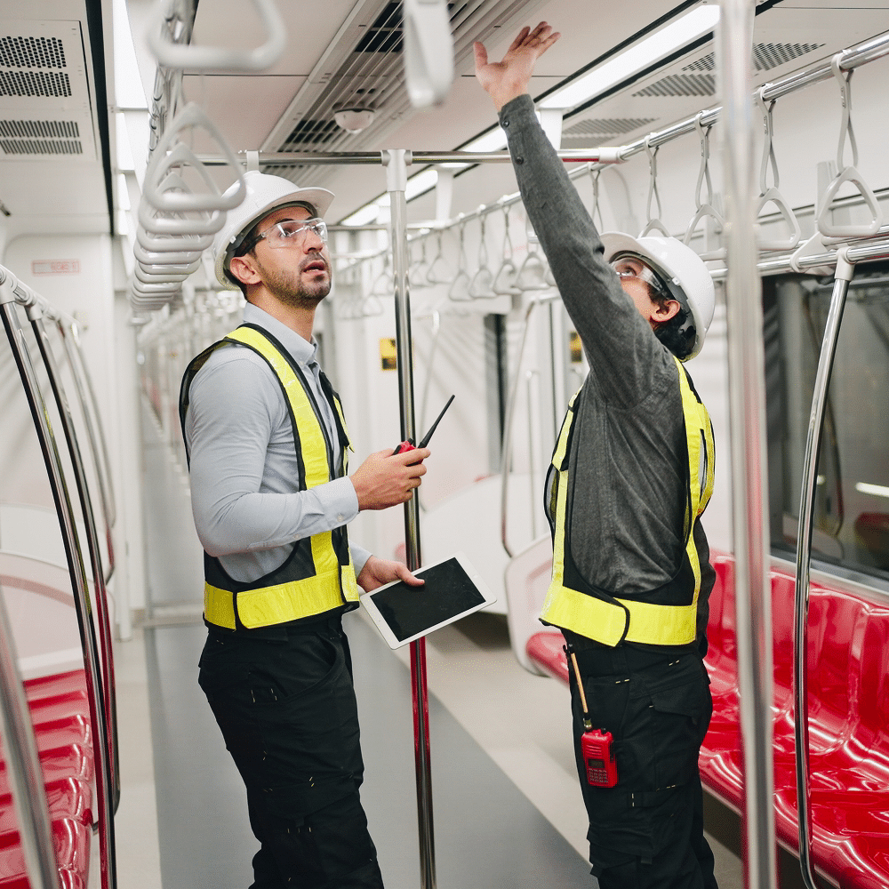 Transit workers inspecting a subway car.