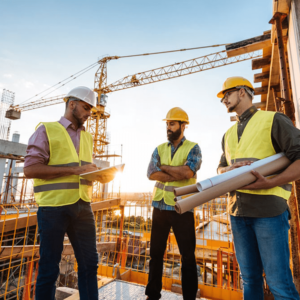 Construction team reviewing blueprints at a building site.