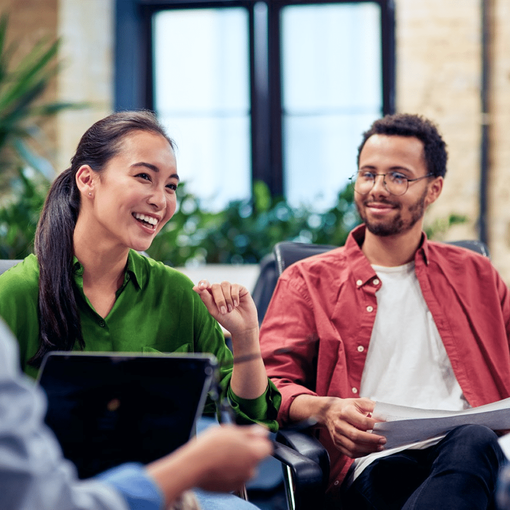 Two people having a workplace discussion.