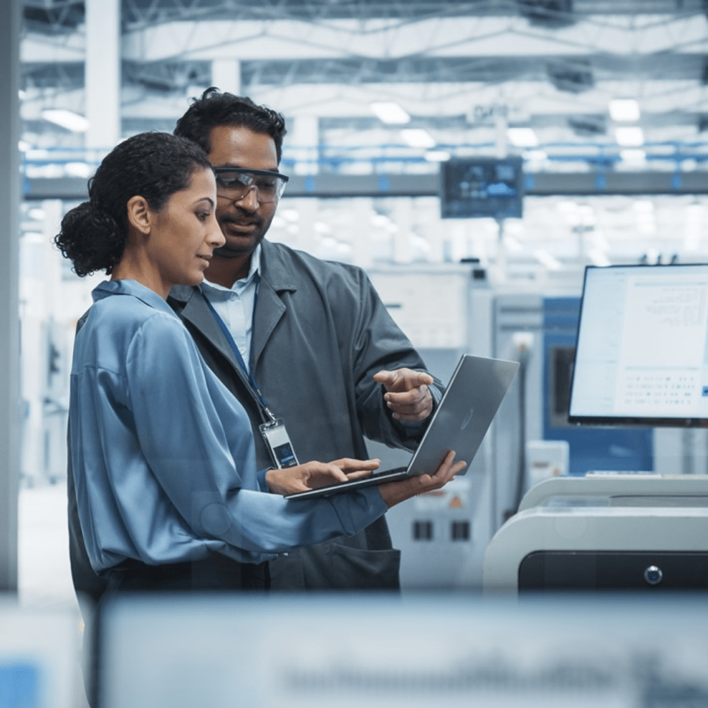 Colleagues reviewing data on laptop in factory