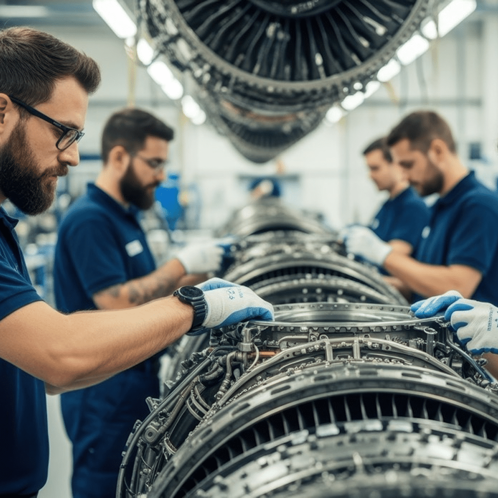 Technicians servicing aerospace equipment