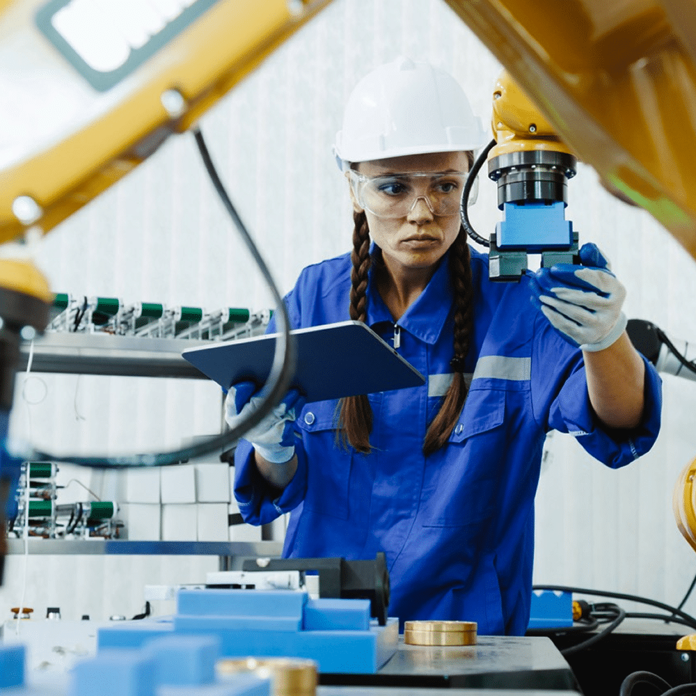 Factory worker reviewing machinery setup