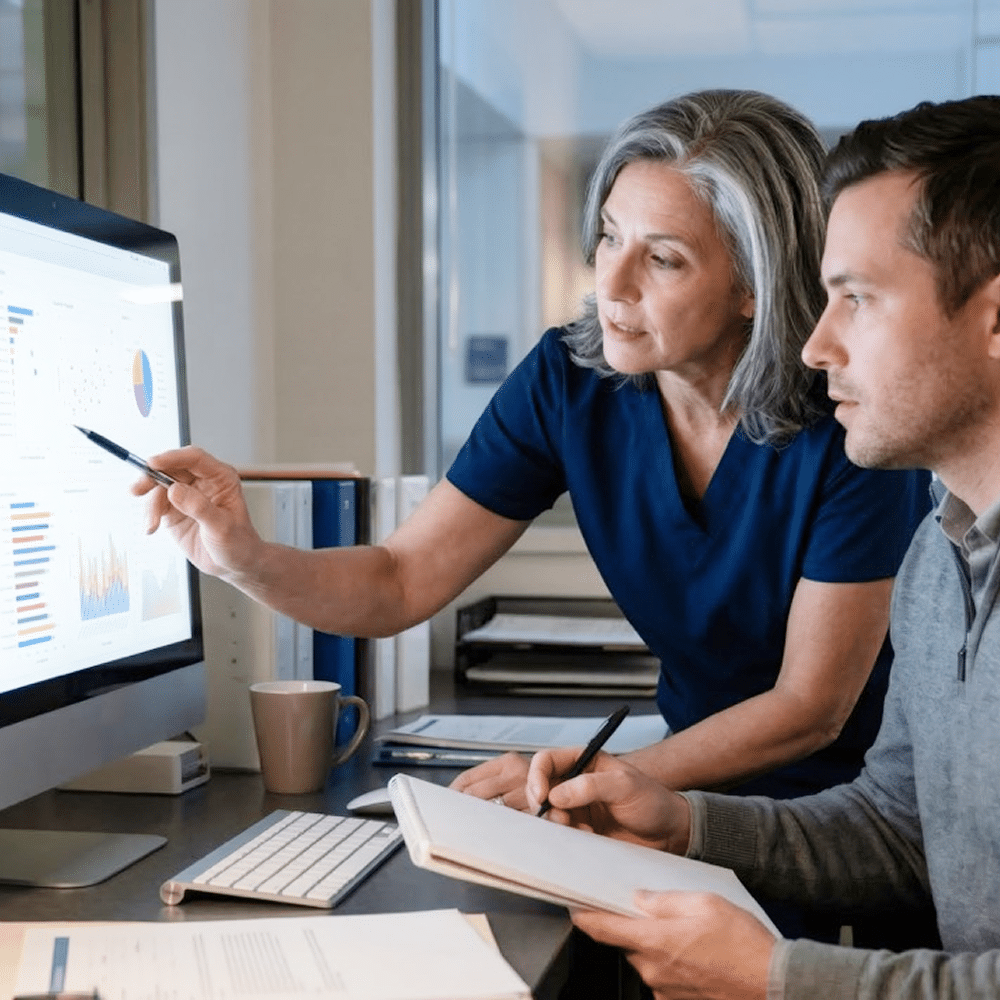 Colleagues analyzing charts at workstation