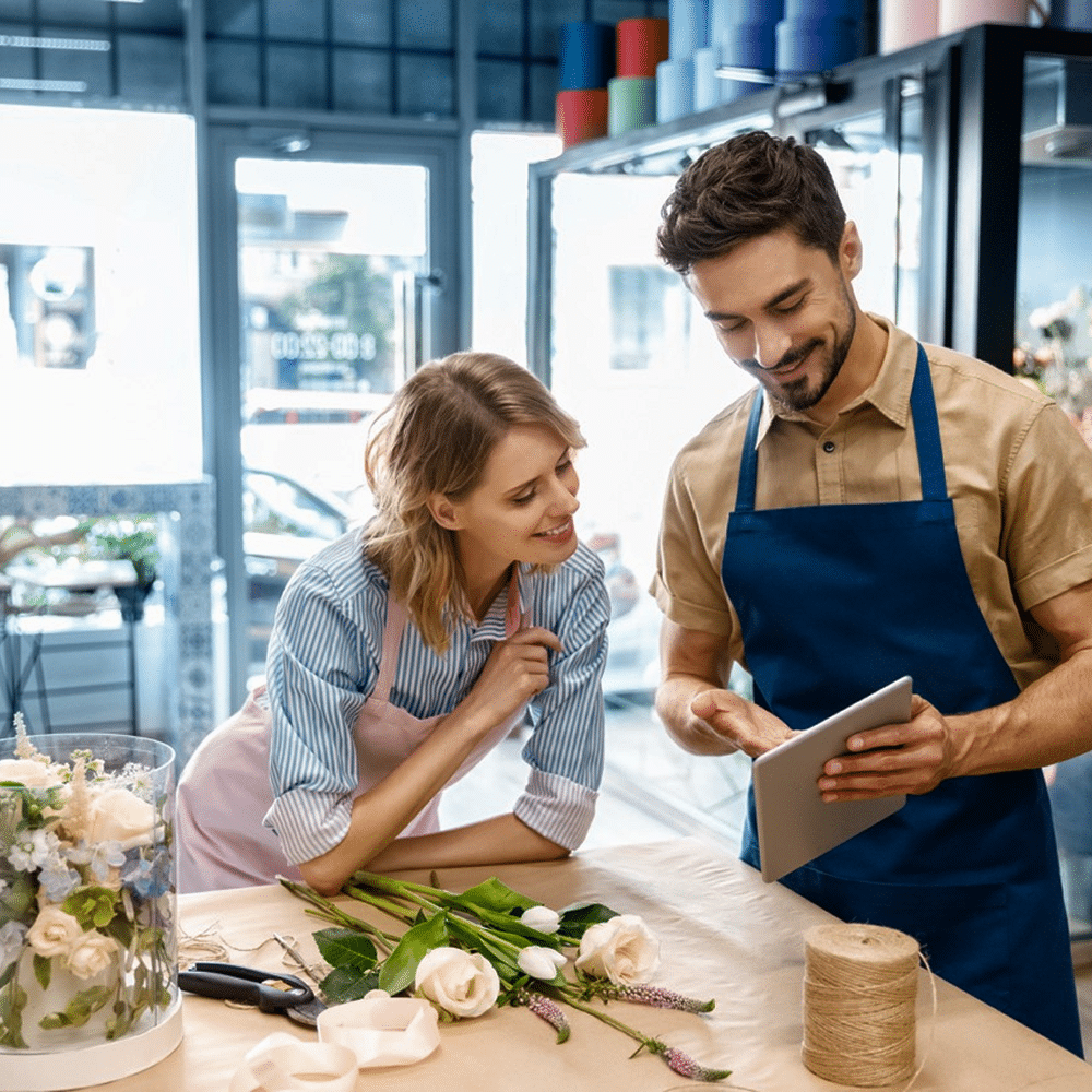 Two people reviewing a tablet in a small business shop.
