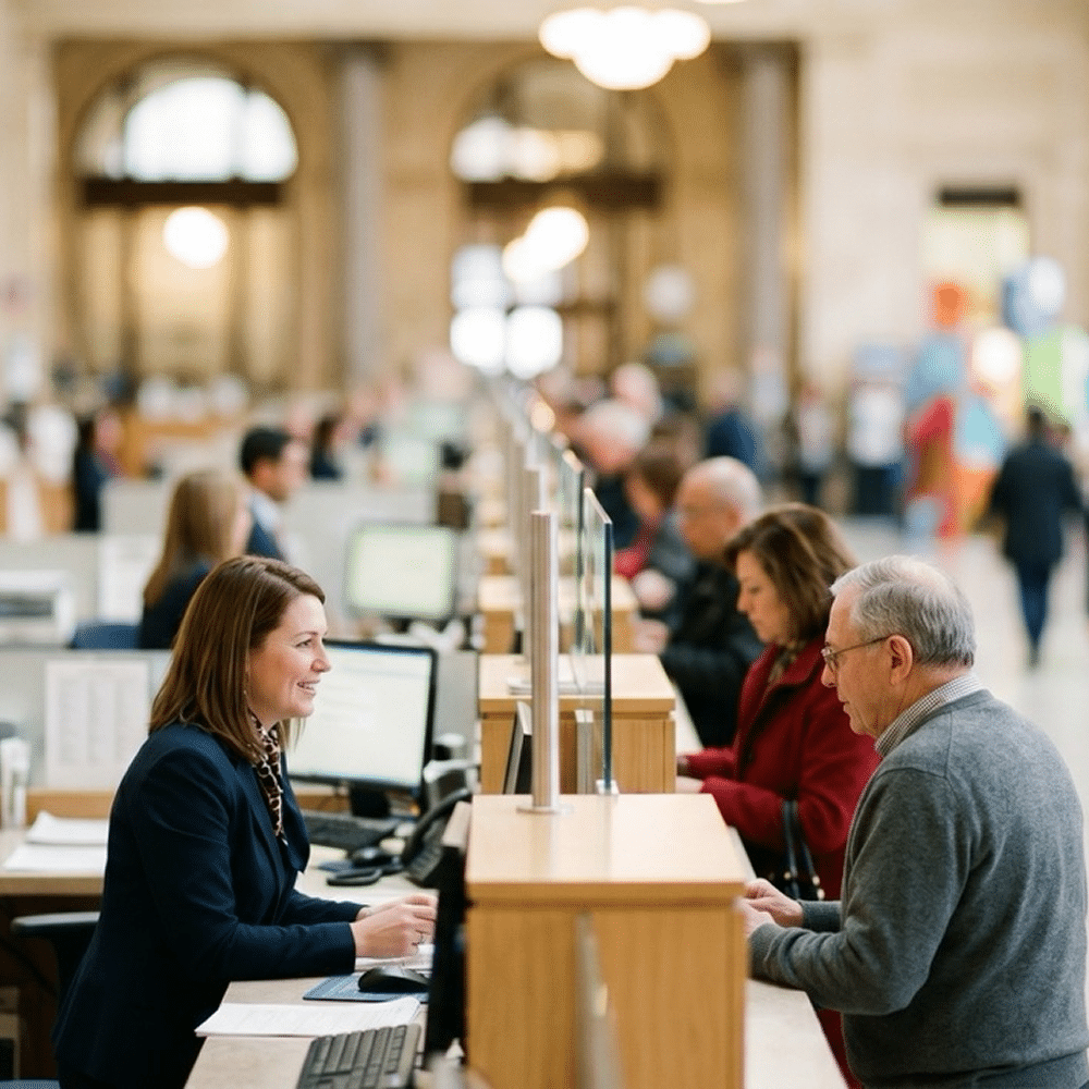 Service desk with staff assisting customers