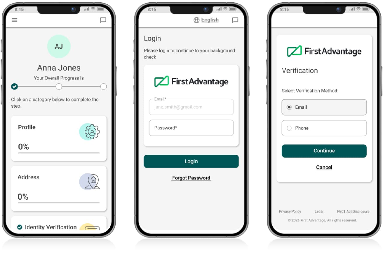 The screenshots of candidate experience on mobile device - First Advantage