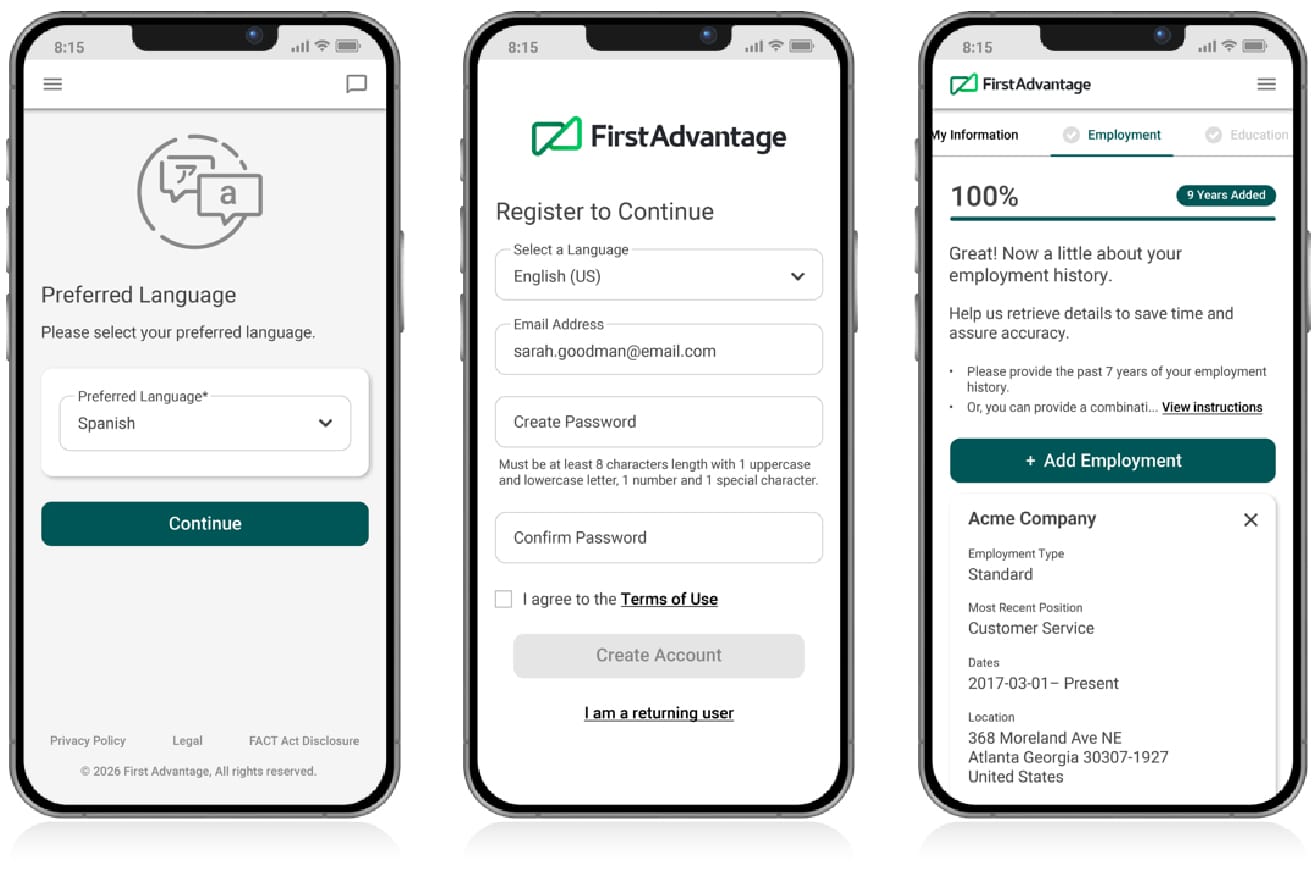 The screenshots of candidate experience on mobile device - First Advantage