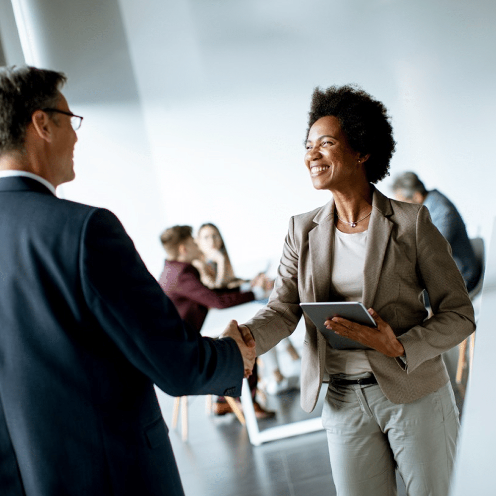 Two people shaking hands during a meeting