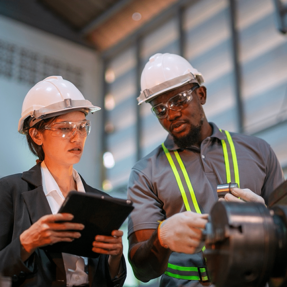 Engineers in hard hats inspecting equipment.