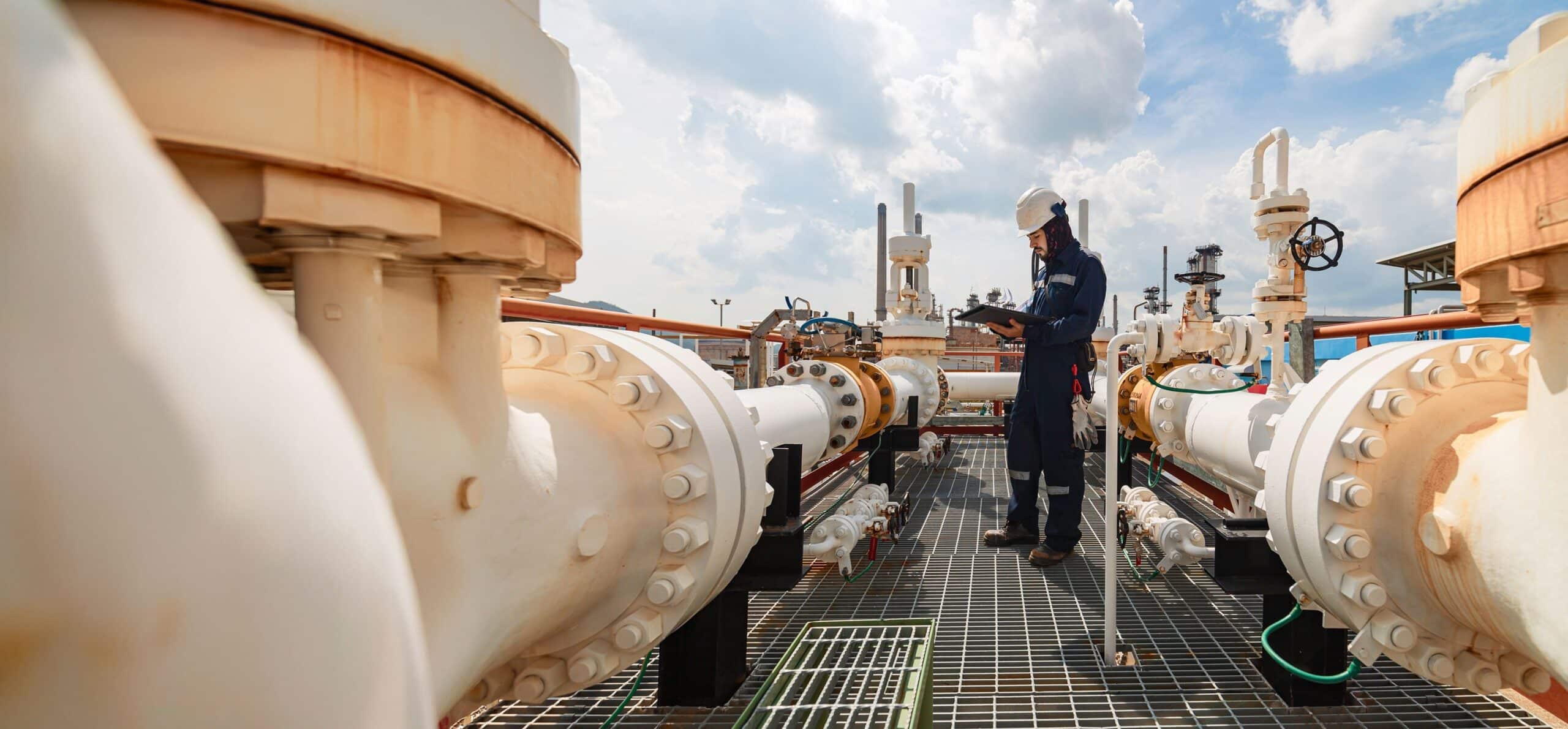 Worker inspecting refinery pipelines