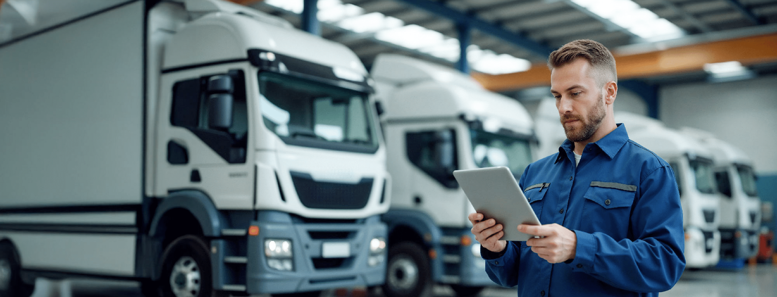 Worker using a tablet in front of delivery trucks